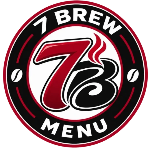 7 Brew Menu circular logo in red, black, and white featuring a stylized number 7, coffee steam, and coffee bean designs.